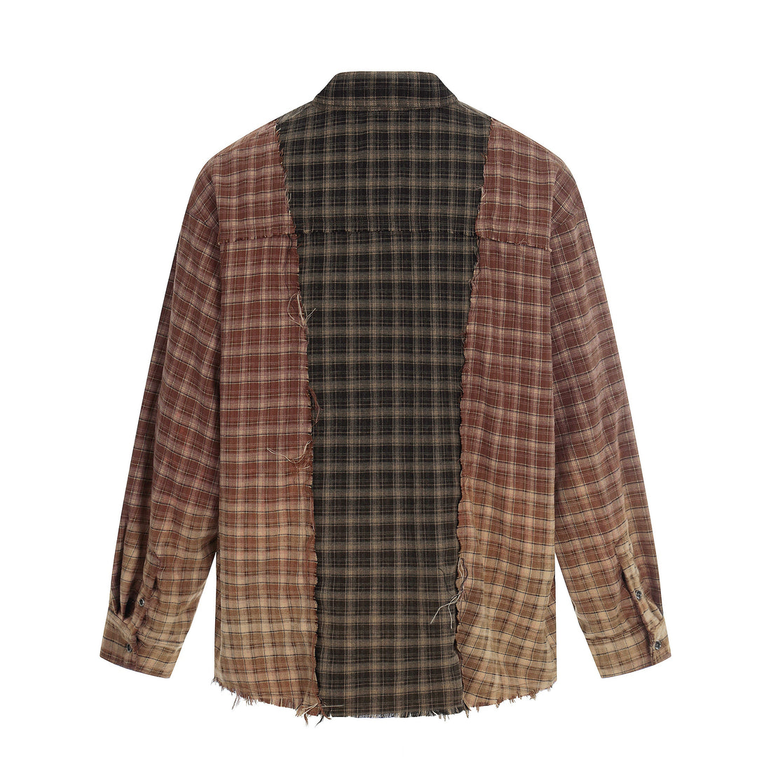 3-6-5.shop Patchwork Distressed Plaid Button-Up Shirt