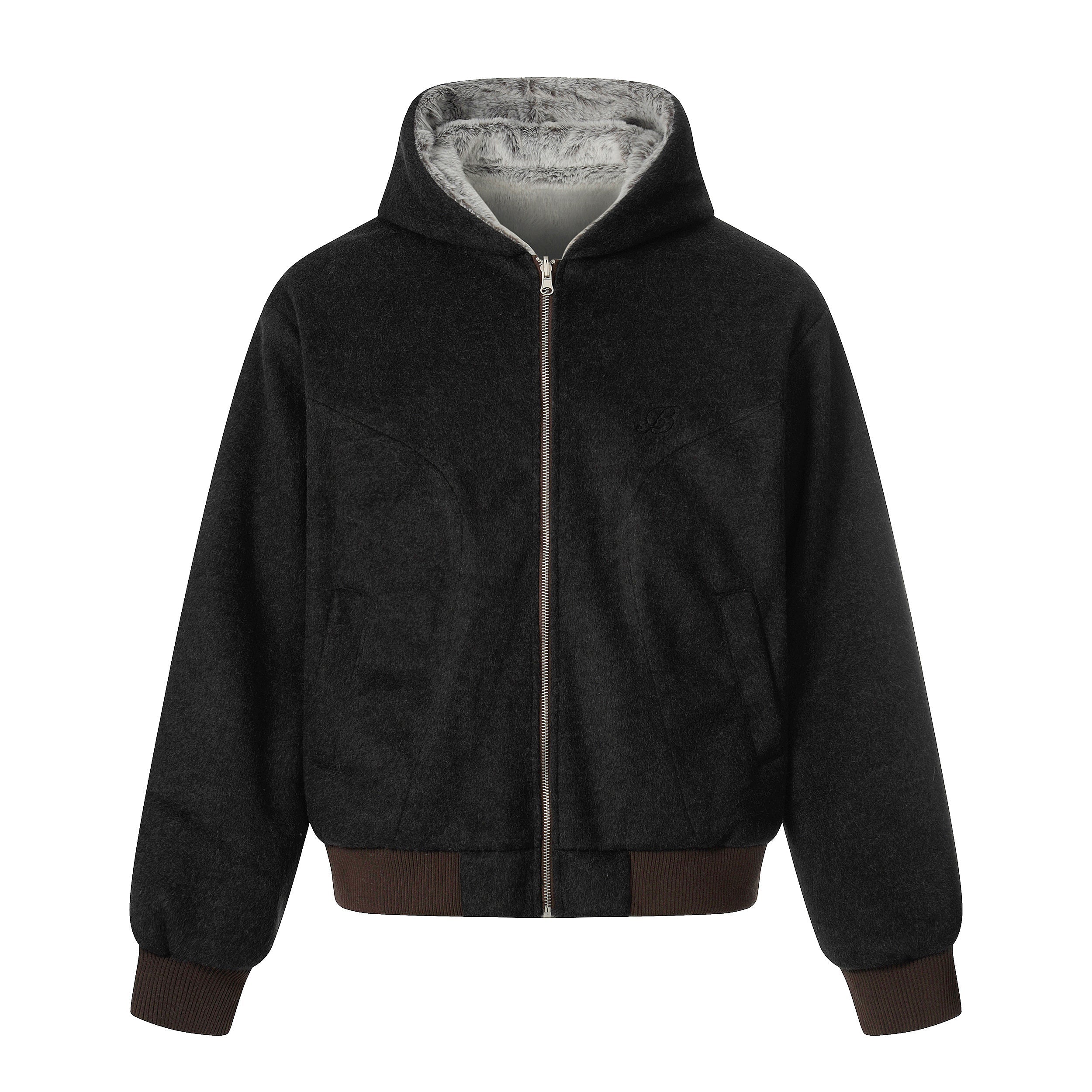 3-6-5.shop Wool Blend Fleece Hooded Bomber Jacket