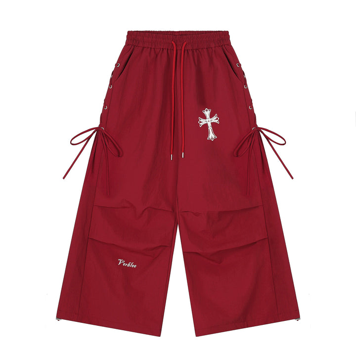 3-6-5.shop Cross Embroidered Lace-Up Wide-Leg Pants