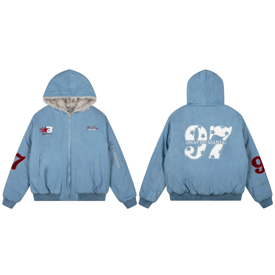 3-6-5.shop “97 Denim Varsity Hooded Jacket”
