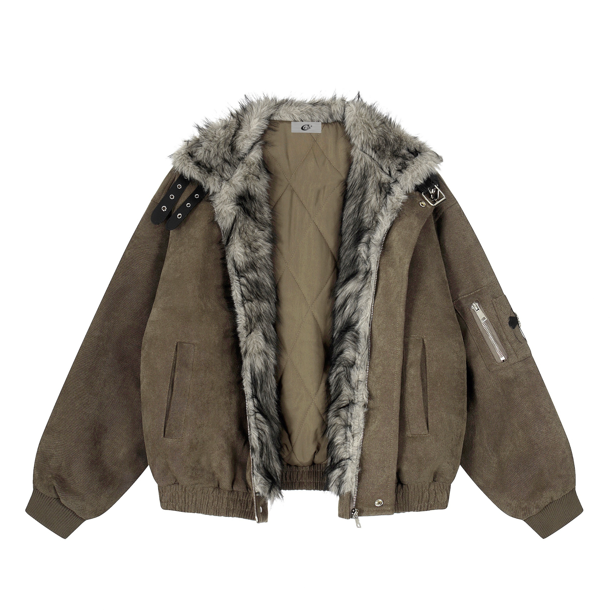 3-6-5.shop Faux Fur Collar Suede-Texture Buckle Bomber Jacket