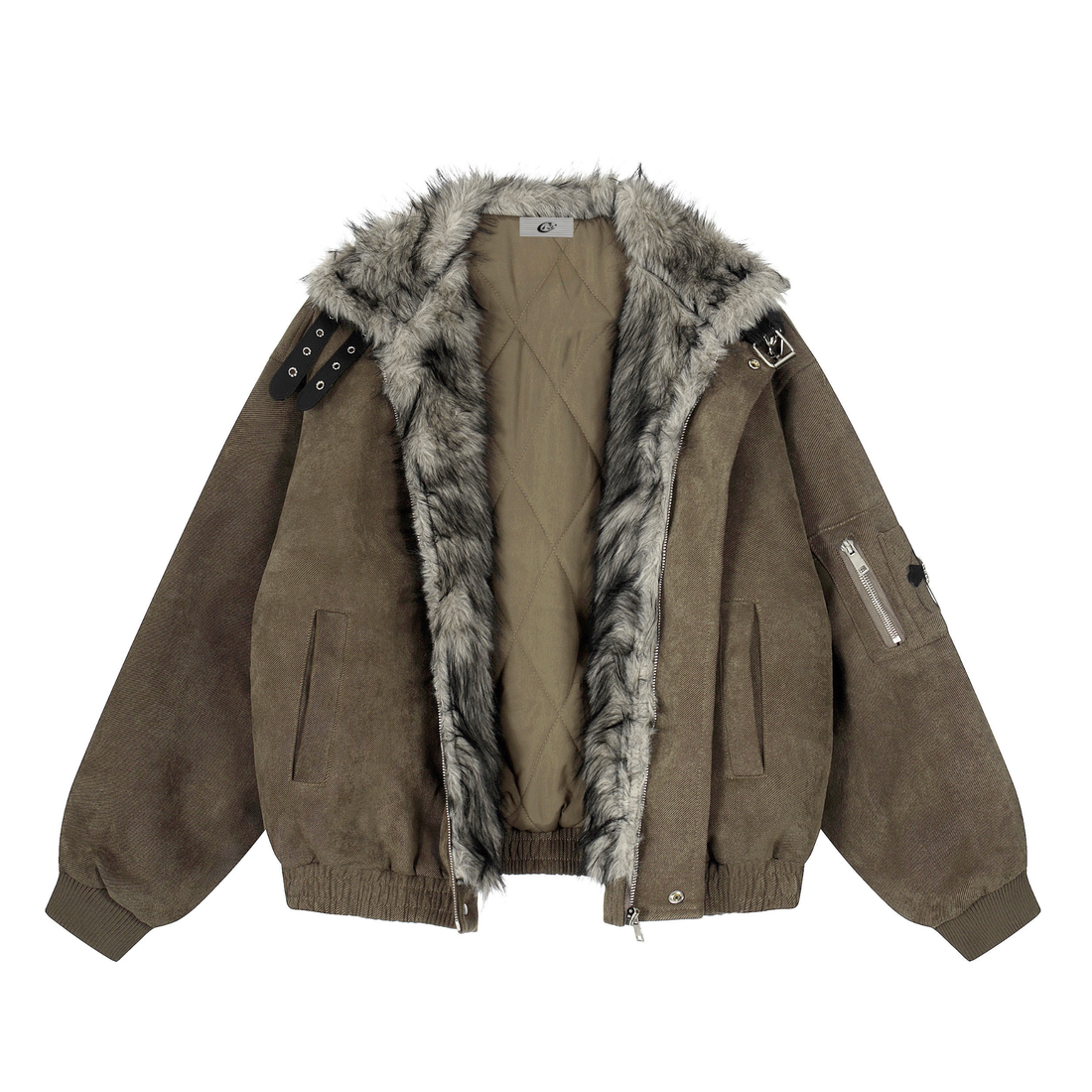 3-6-5.shop Faux Fur Collar Suede-Texture Buckle Bomber Jacket