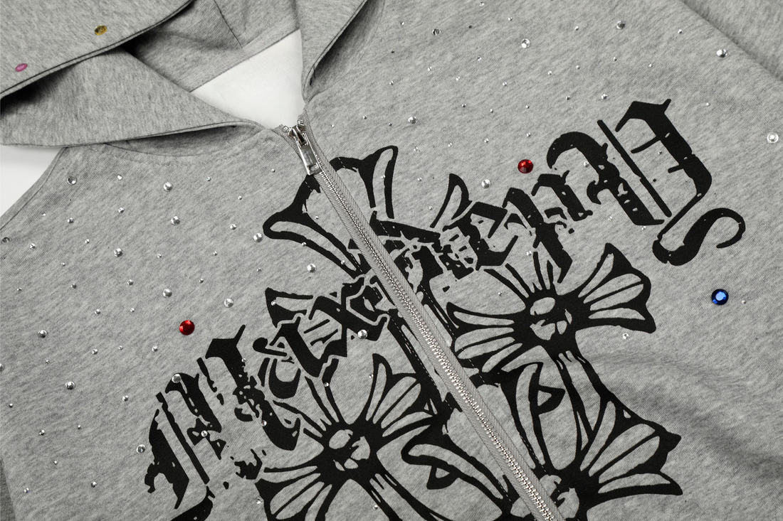 3-6-5.shop Rhinestone Cross Zip Hoodie