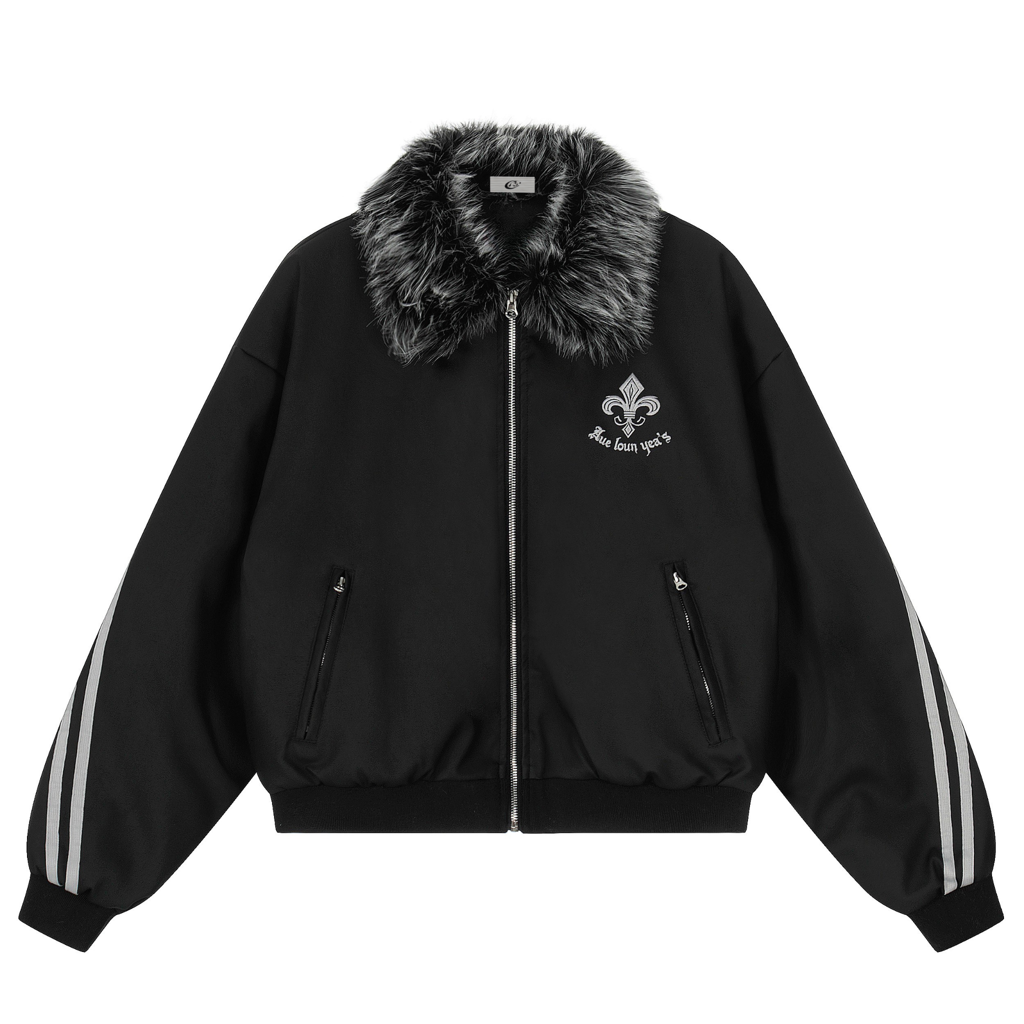 3-6-5.shop Faux Fur Collar PU Embroidered Bomber Jacket