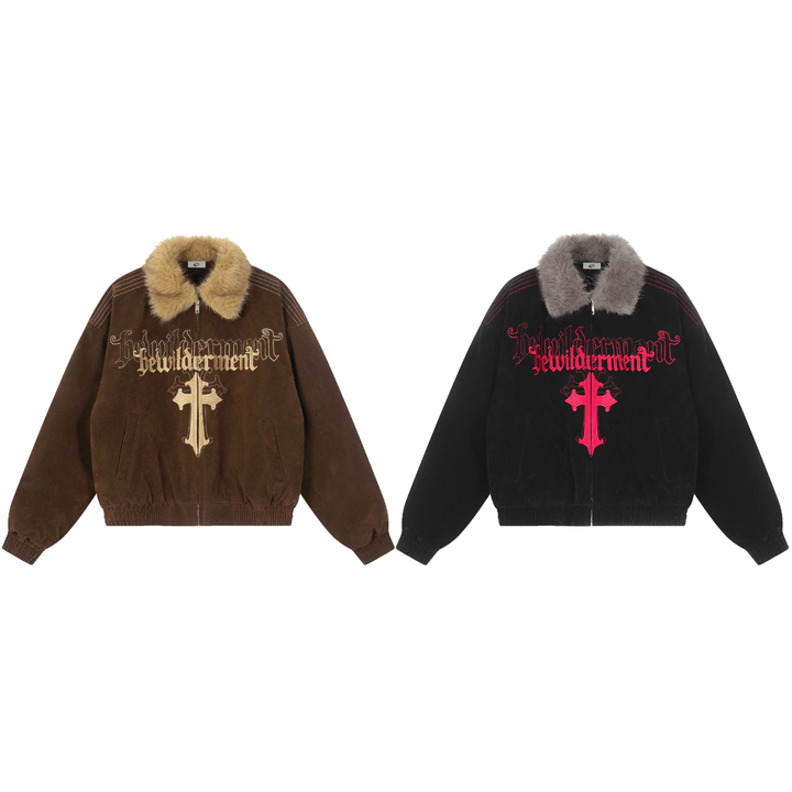 3-6-5.shop Gothic Cross Faux Fur Collar Jacket