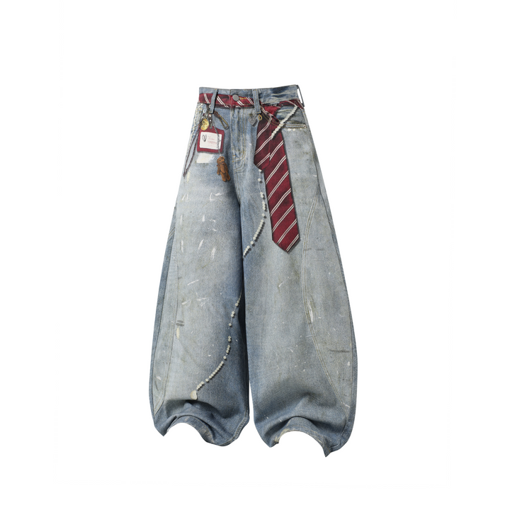 3-6-5.shop Tie-Detailed Washed Barrel Jeans