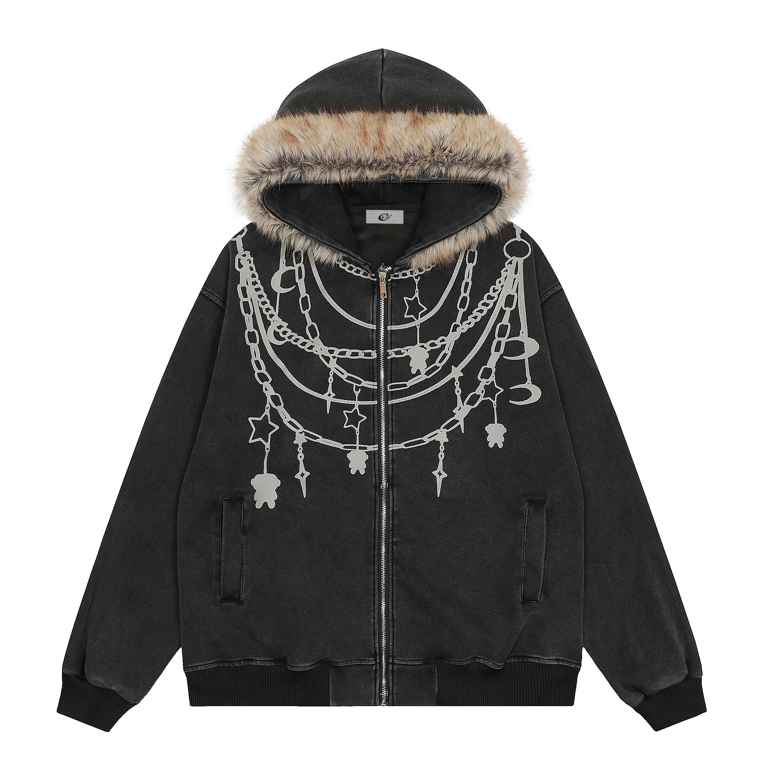 3-6-5.shop Chain Print Faux Fur Hooded Jacket