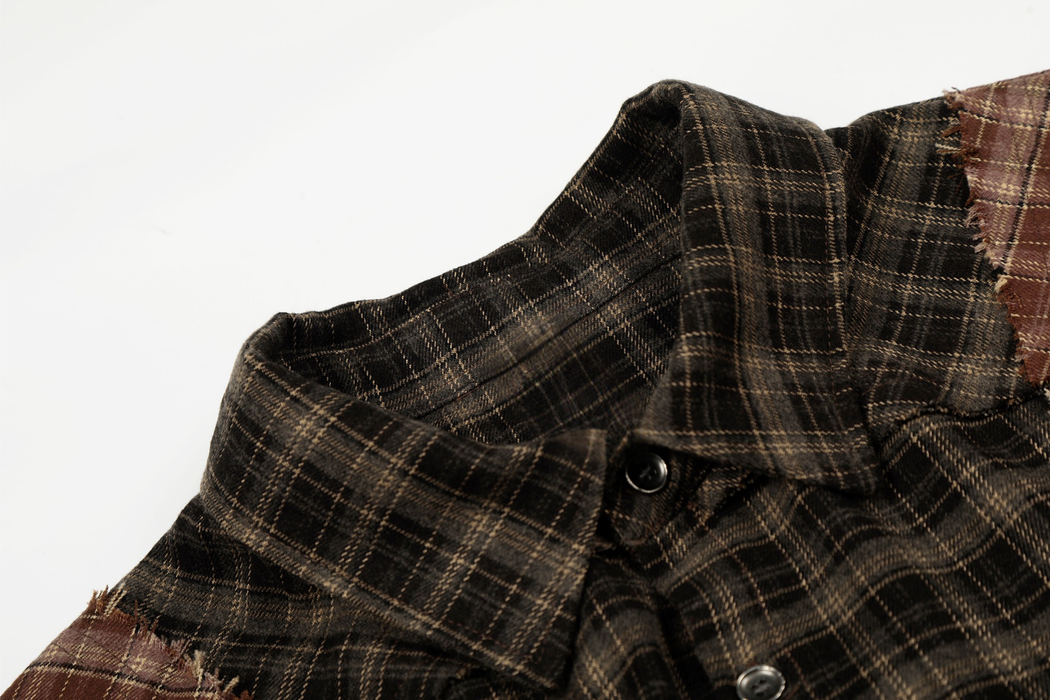 3-6-5.shop Patchwork Distressed Plaid Button-Up Shirt