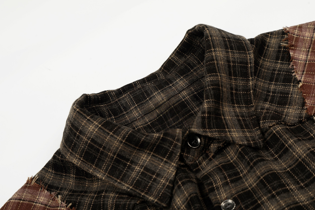 3-6-5.shop Patchwork Distressed Plaid Button-Up Shirt