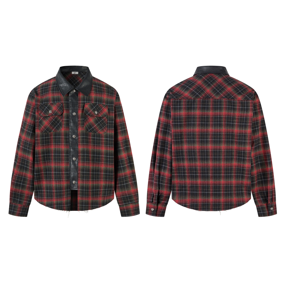 3-6-5.shop Plaid Faux-Leather Trim Flannel Shirt Jacket