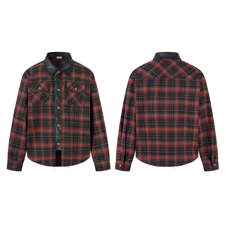 3-6-5.shop Plaid Faux-Leather Trim Flannel Shirt Jacket