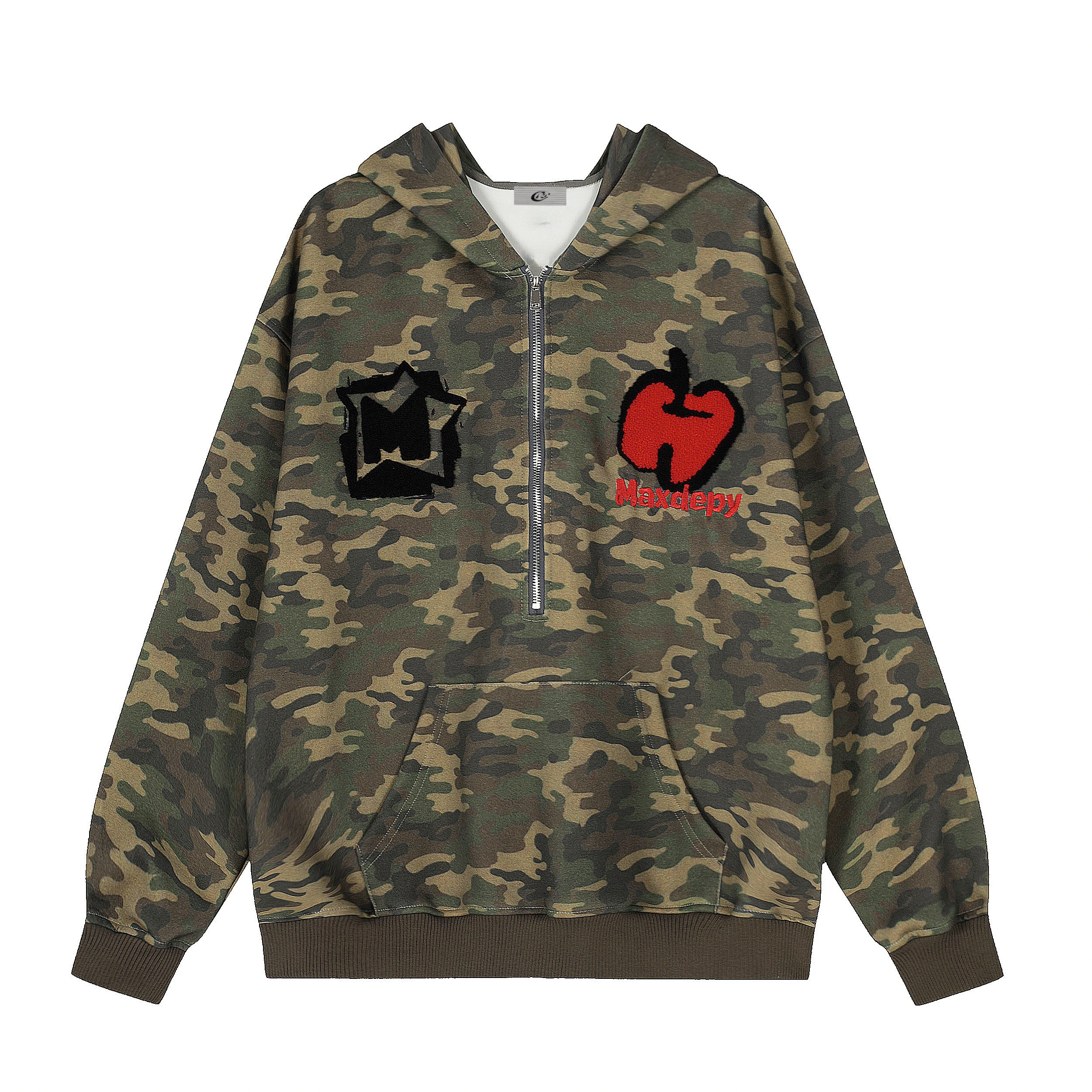 3-6-5.shop Camo Chenille Patch Half-Zip Hoodie