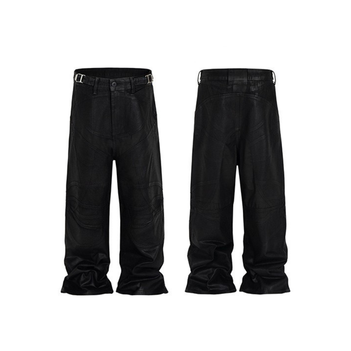 3-6-5.shop Curved-Stitch Leather Denim Pants