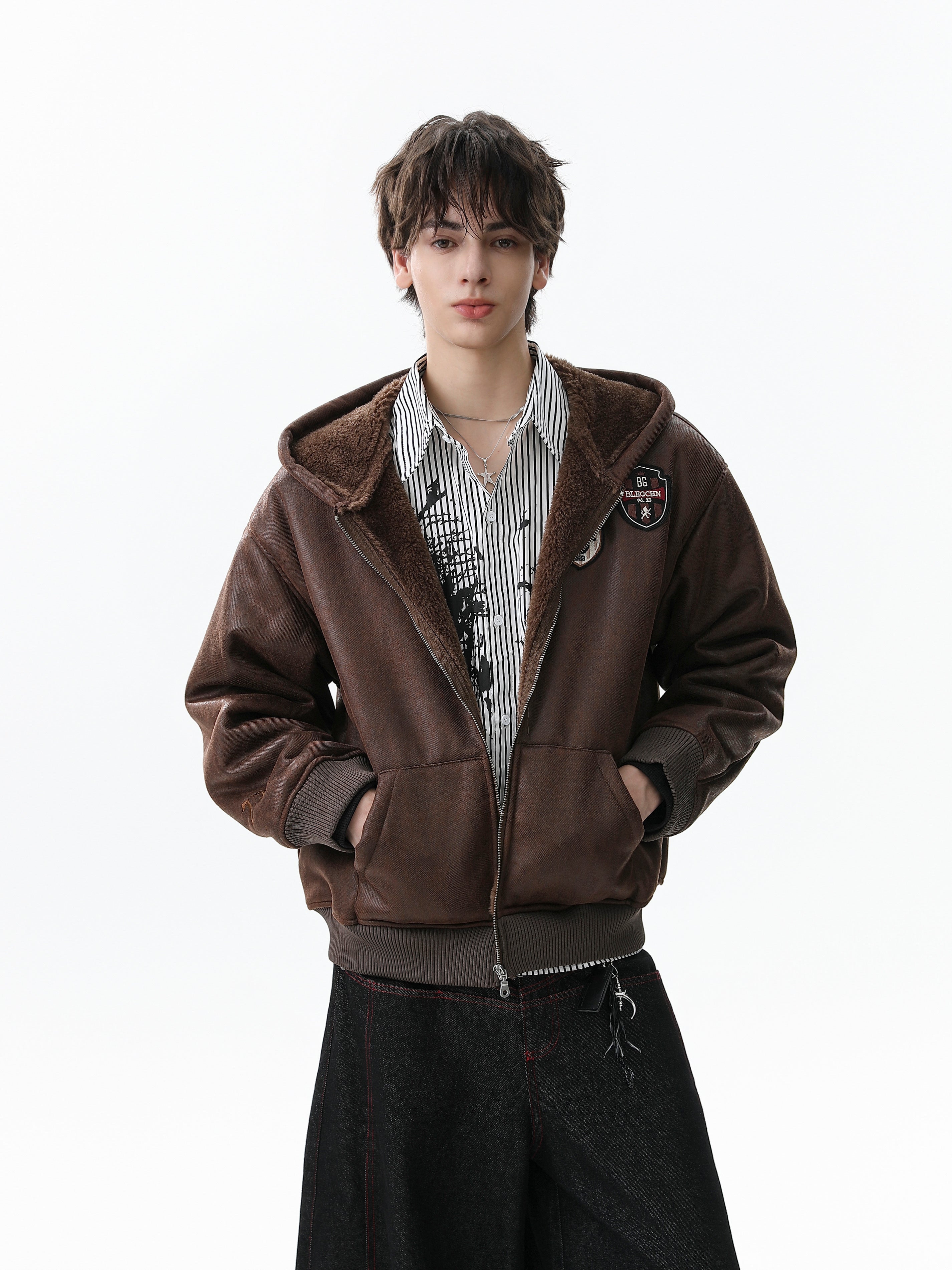 3-6-5.shop Badge PU Leather Hooded Jacket