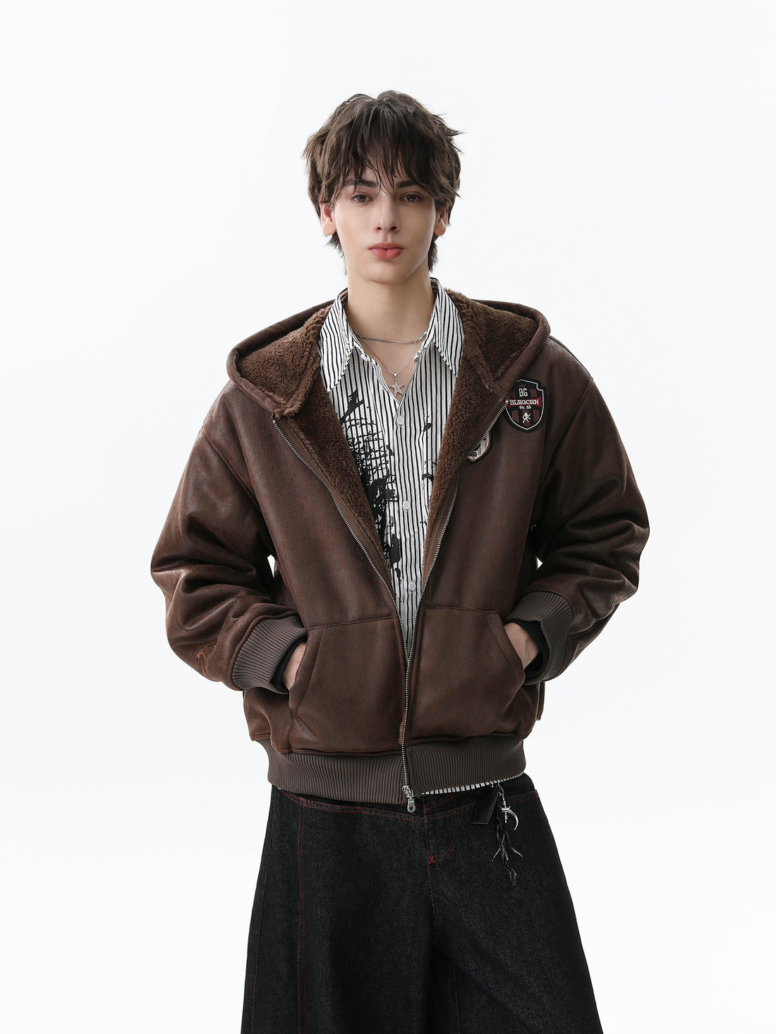 3-6-5.shop Badge PU Leather Hooded Jacket