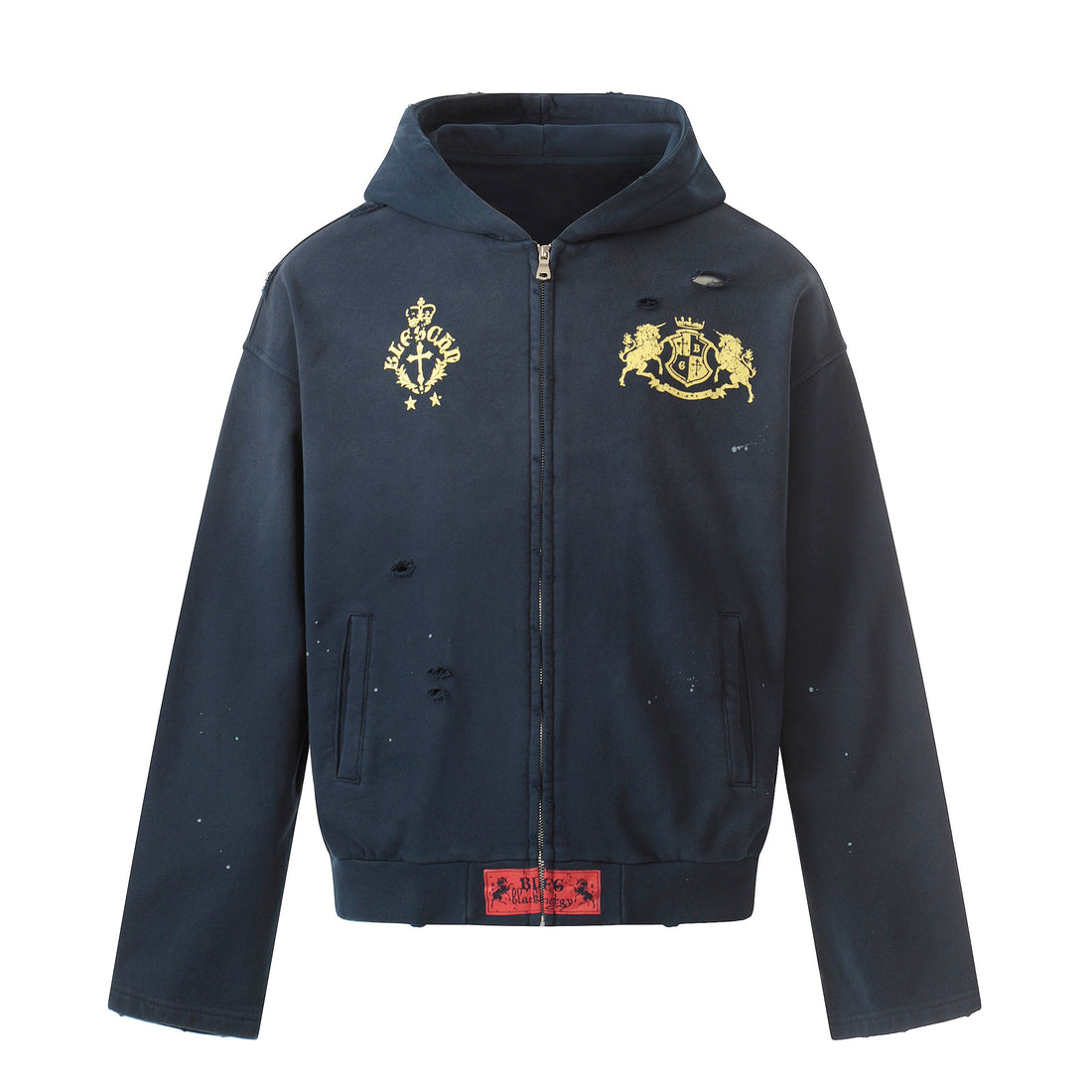 3-6-5.shop Distressed Crest Zip-Up Hoodie