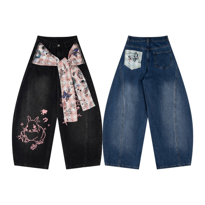 3-6-5.shop Bunny Ribbon Curved Jeans