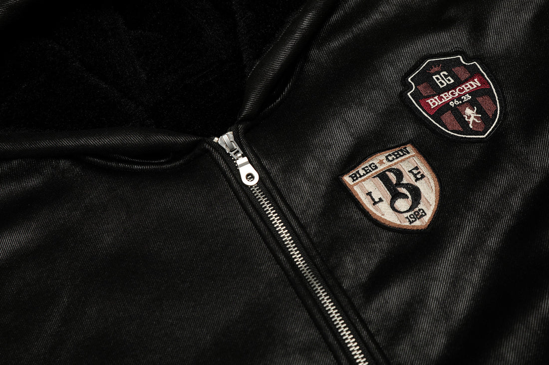 3-6-5.shop Badge PU Leather Hooded Jacket