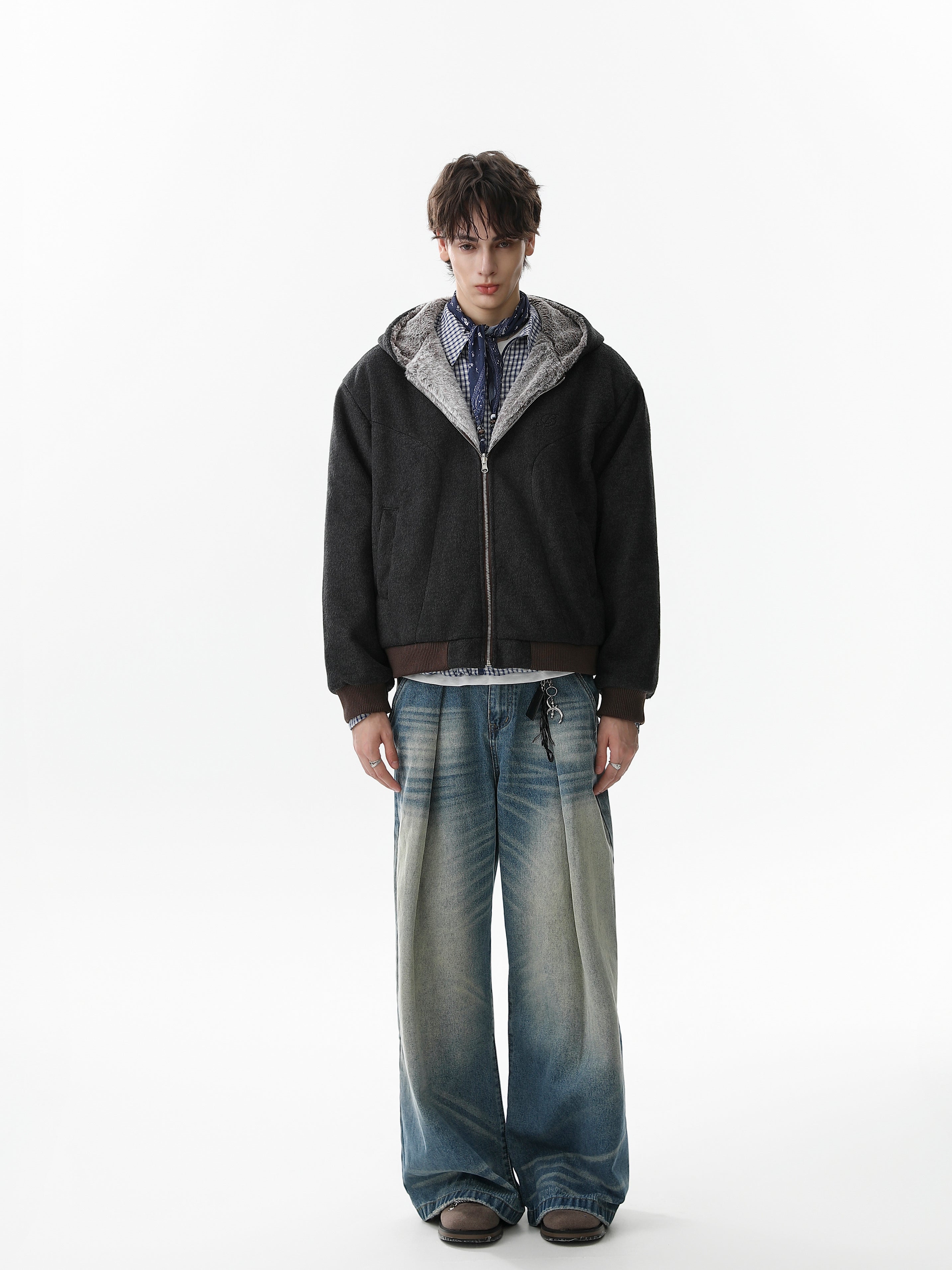 3-6-5.shop Wool Blend Fleece Hooded Bomber Jacket