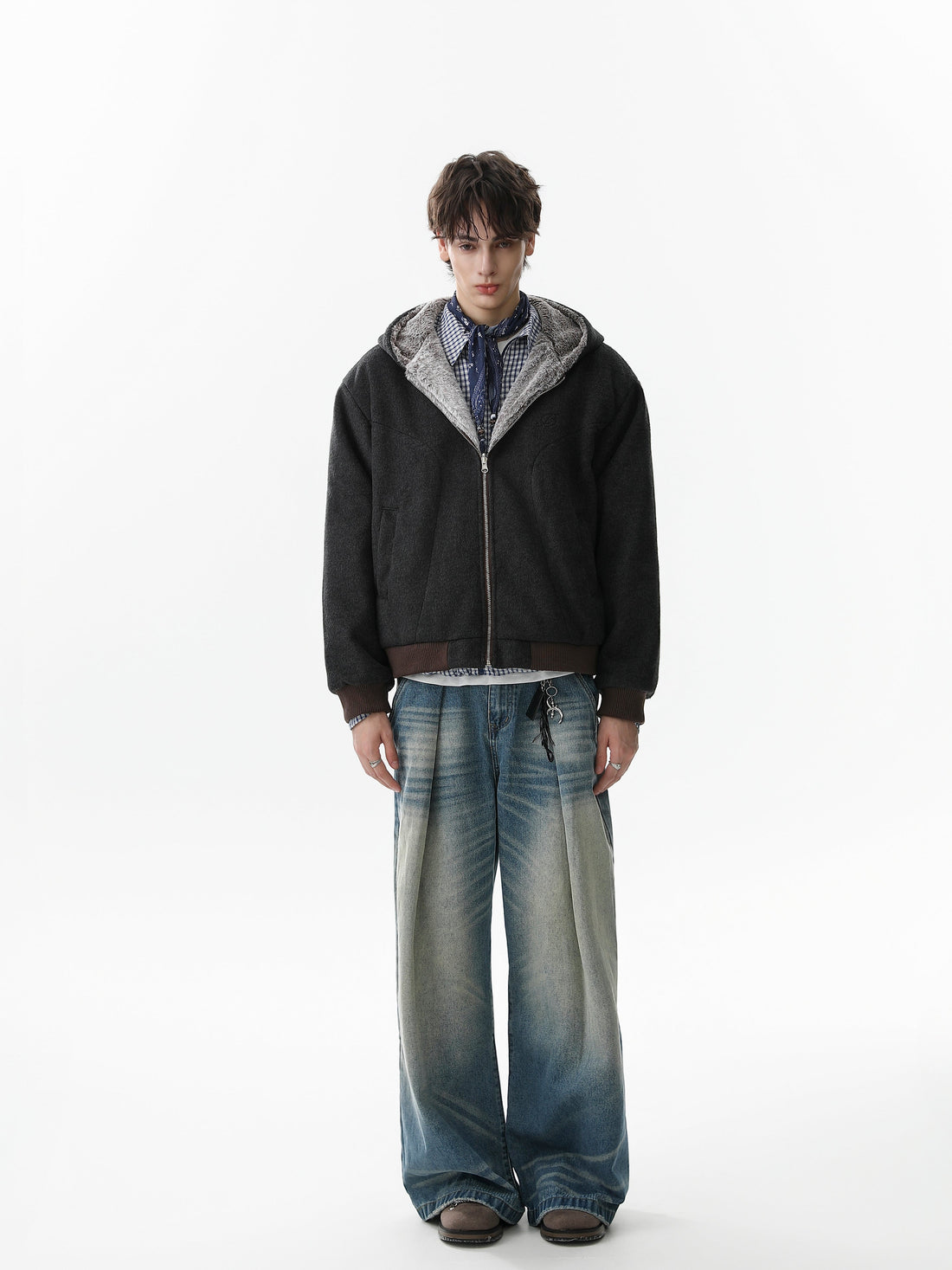 3-6-5.shop Wool Blend Fleece Hooded Bomber Jacket