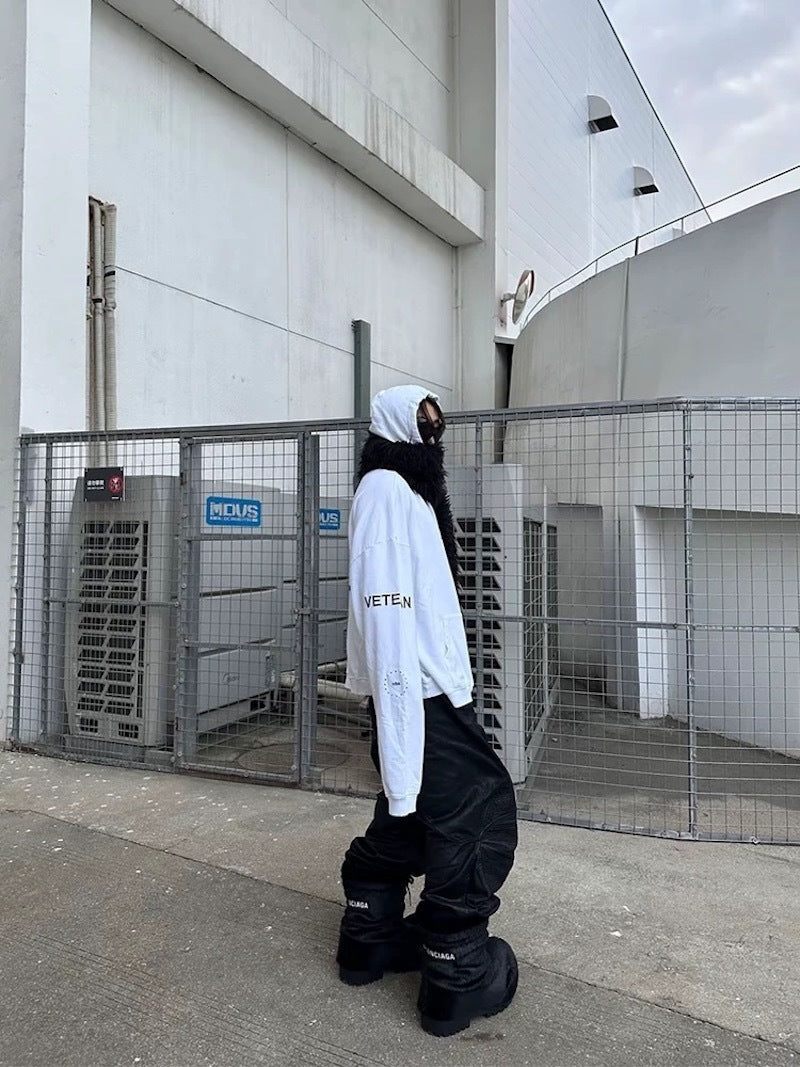 3-6-5.shop Curved-Stitch Leather Denim Pants