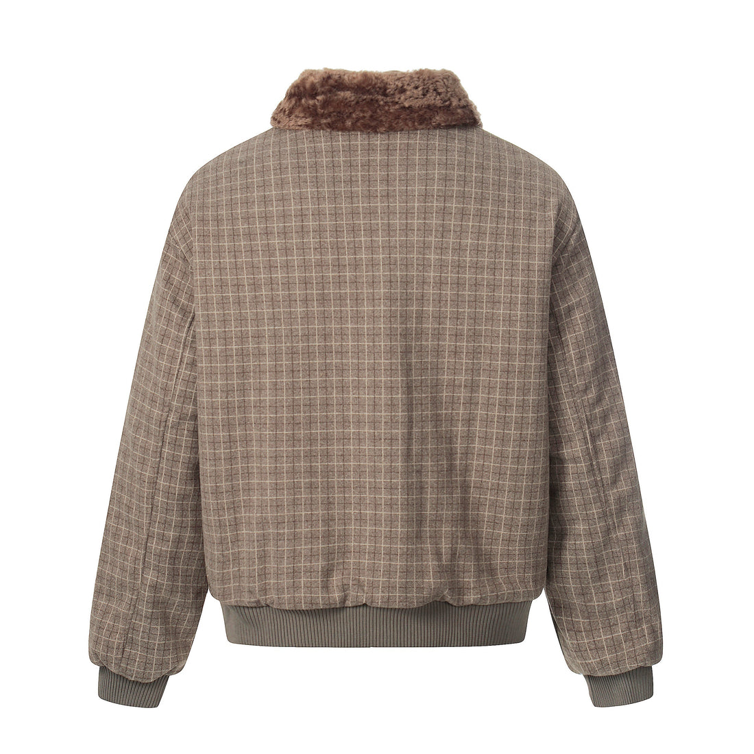3-6-5.shop Check Pattern Faux Fur Collar Jacket