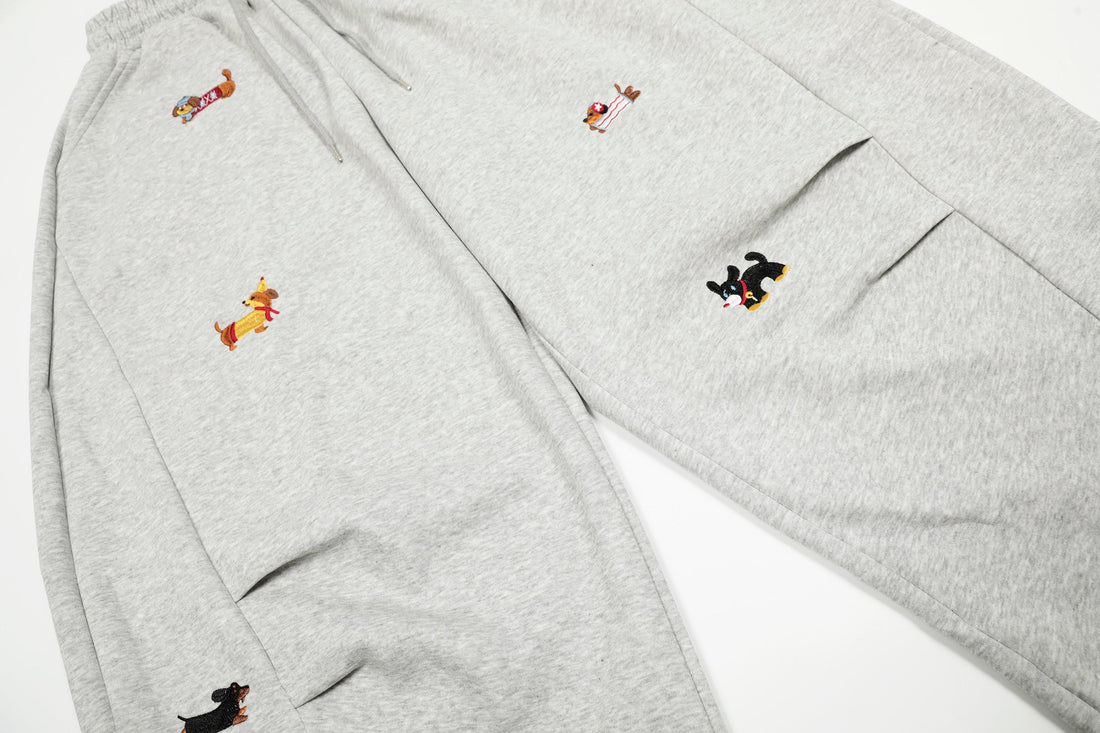 3-6-5.shop Embroidered Dog Motif Sweatpants