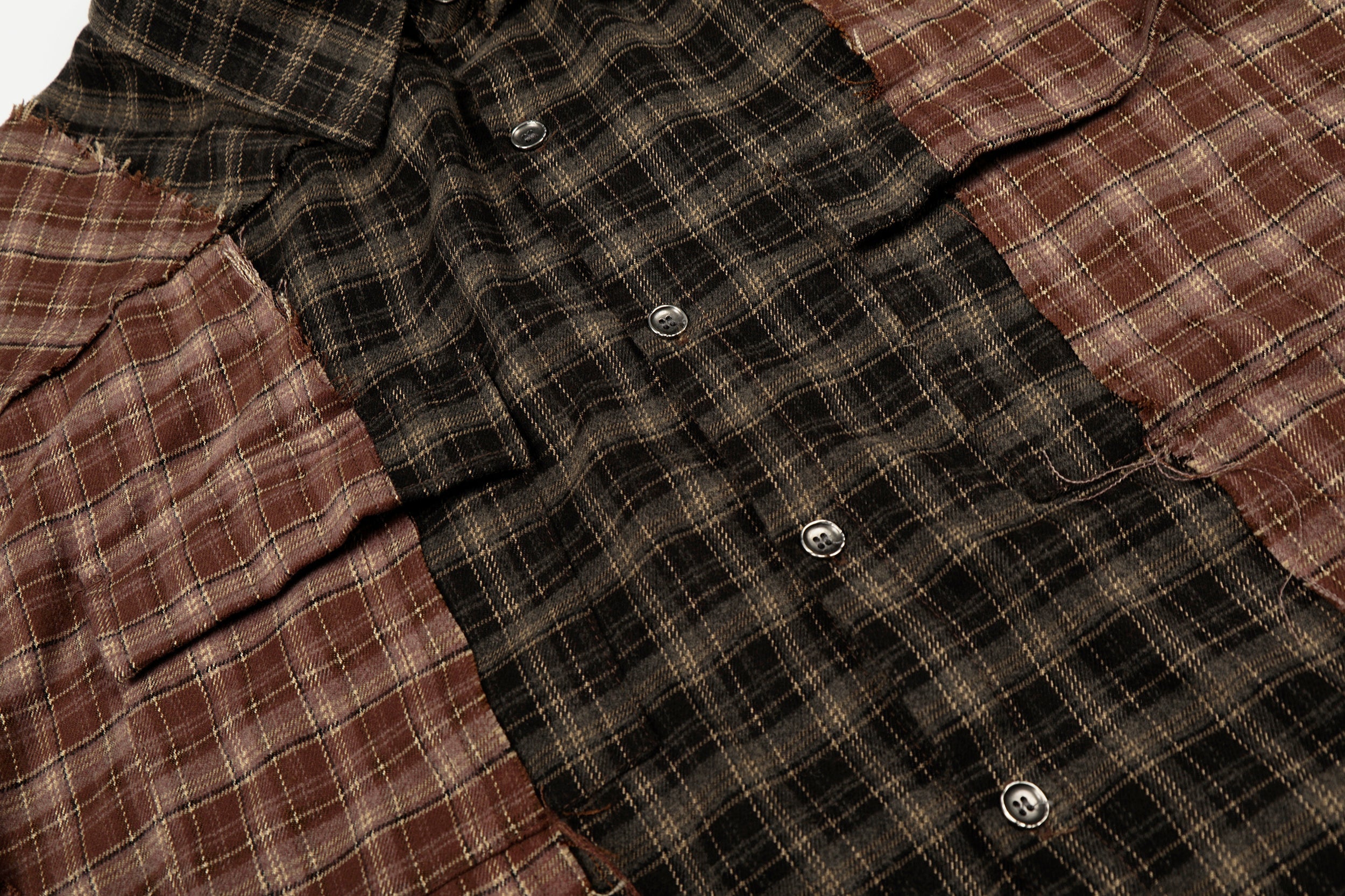 3-6-5.shop Patchwork Distressed Plaid Button-Up Shirt