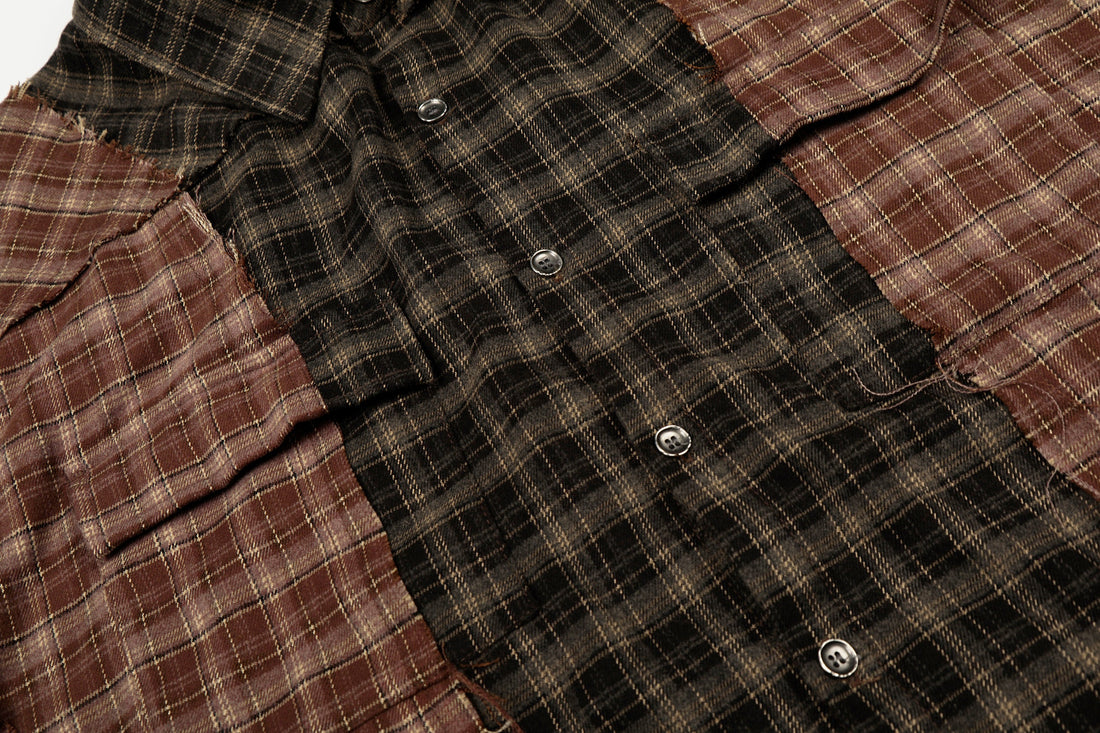 3-6-5.shop Patchwork Distressed Plaid Button-Up Shirt