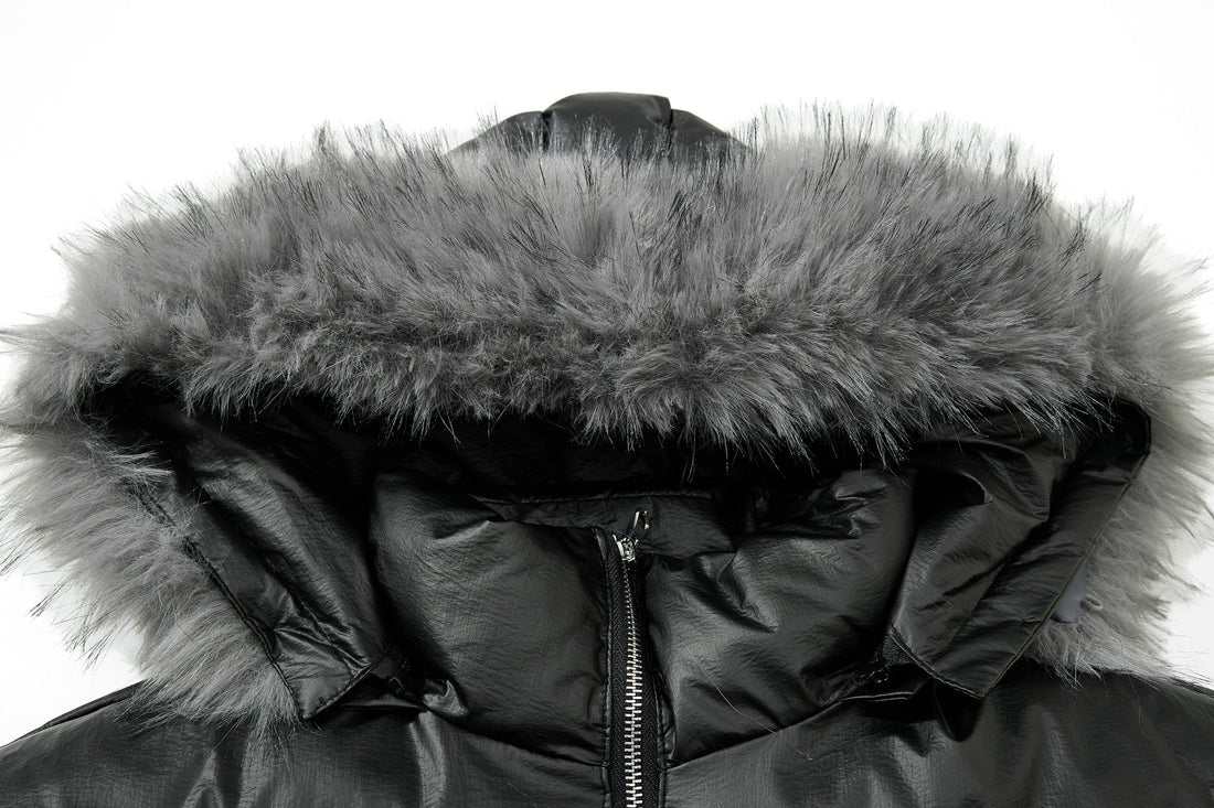 3-6-5.shop Shiny Fur-Trim Embroidered Puffer Jacket