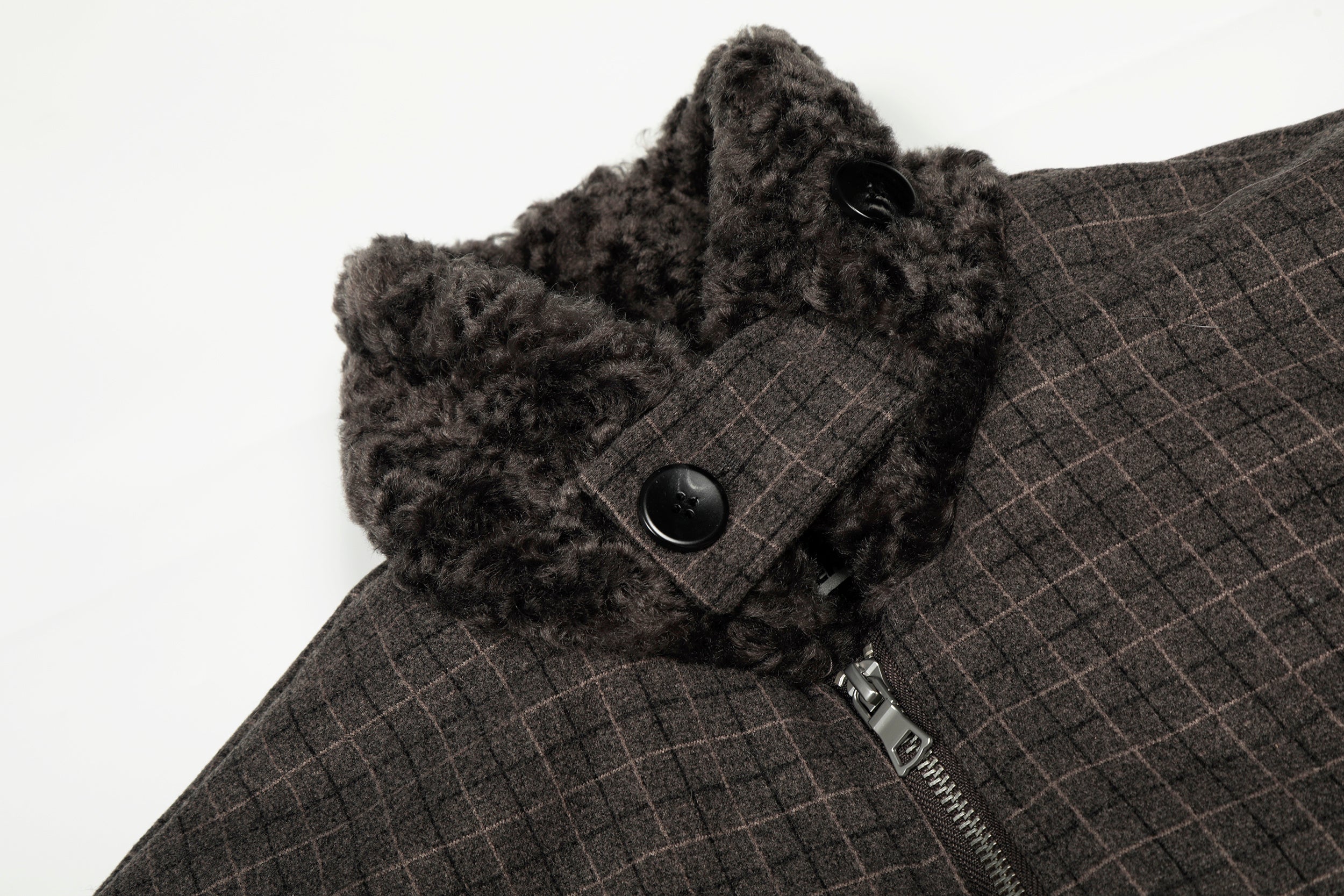 3-6-5.shop Check Pattern Faux Fur Collar Jacket