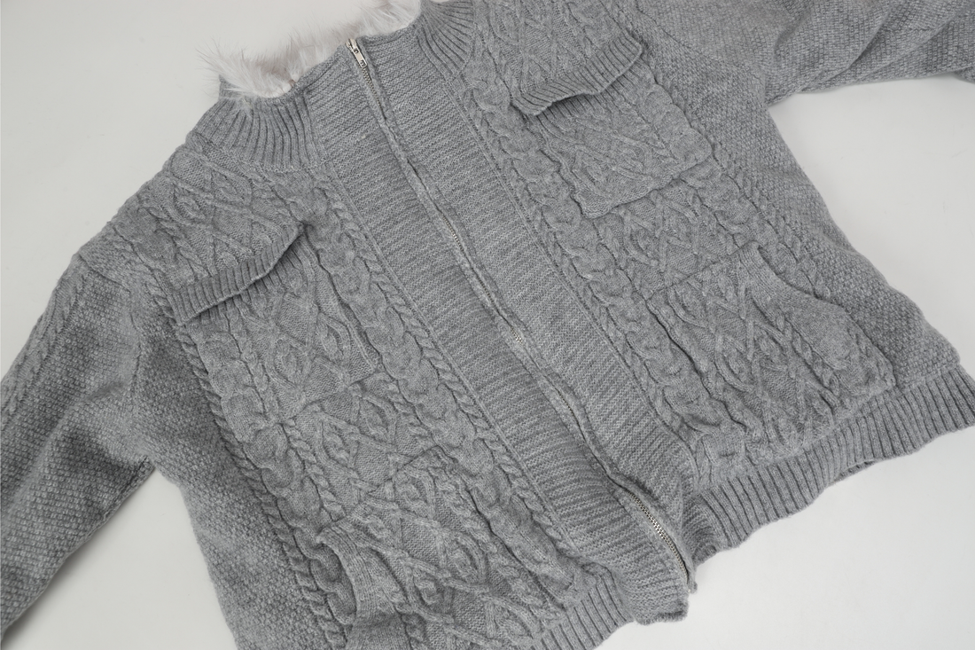 3-6-5.shop Fleece-Lined Cable Knit Jacket