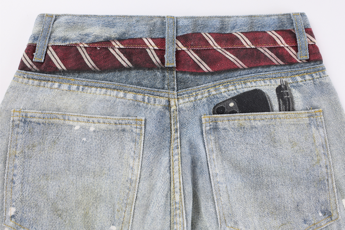 3-6-5.shop Tie-Detailed Washed Barrel Jeans