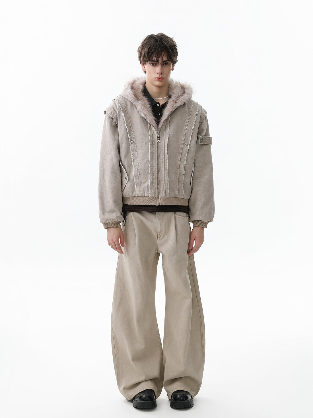 3-6-5.shop Washed Shearling-Lined Denim Hooded Jacket
