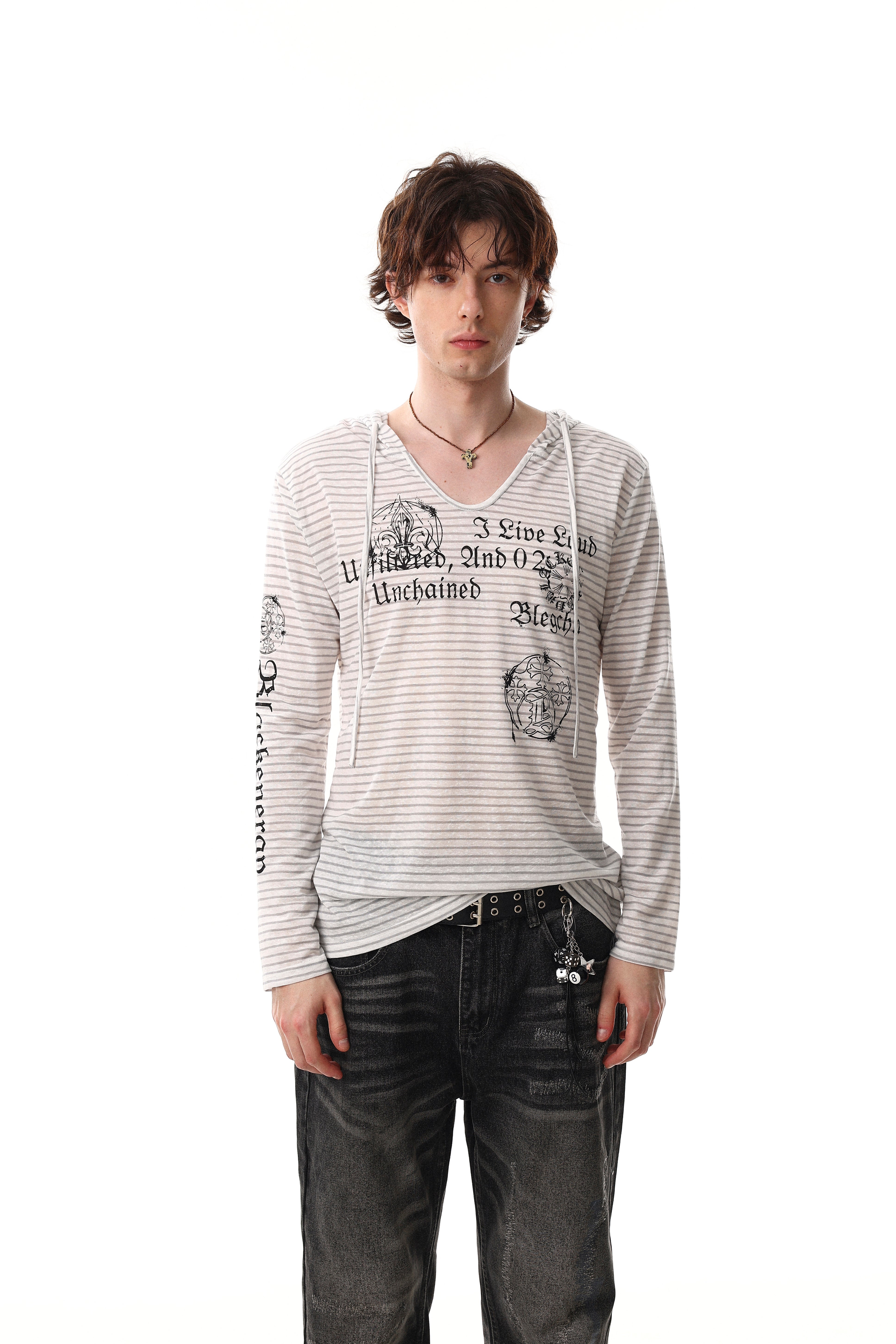 3-6-5.shop Striped Graphic Hooded Long Sleeve Tee