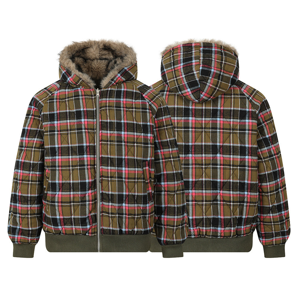 3-6-5.shop Reversible Plaid Fur Hooded Jacket