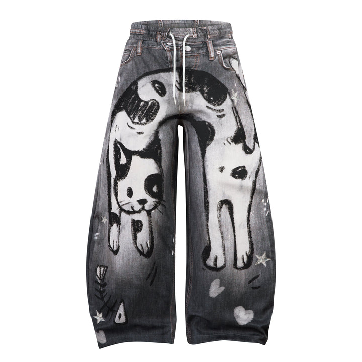 3-6-5.shop Cat Print Barrel Denim Pants