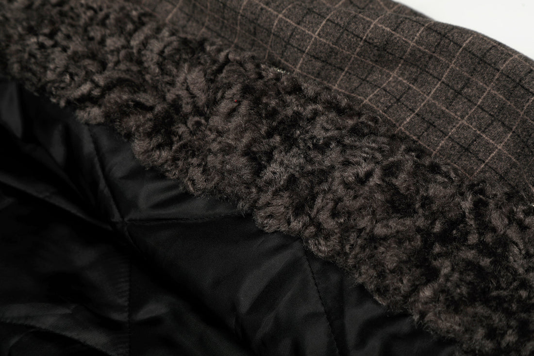3-6-5.shop Check Pattern Faux Fur Collar Jacket