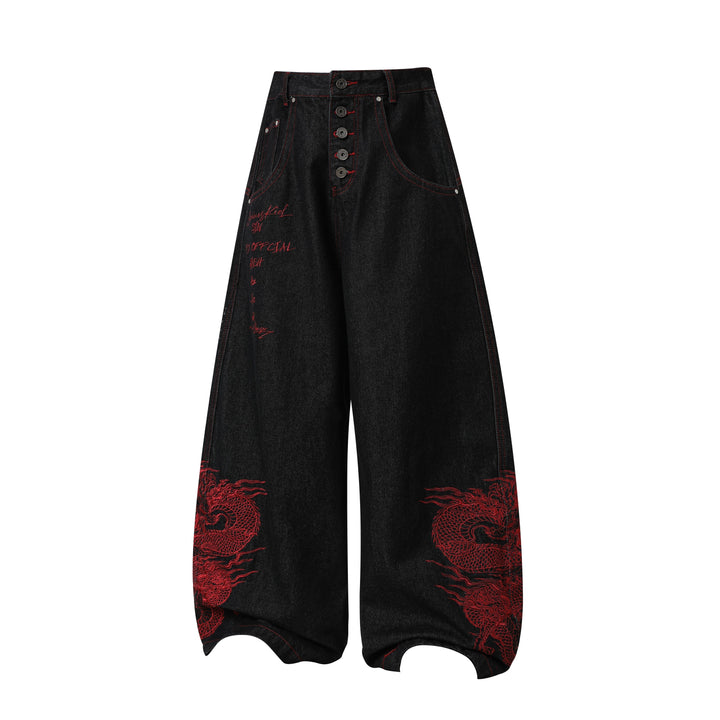 3-6-5.shop Dragon Embroidered Wide-Leg Denim Pants
