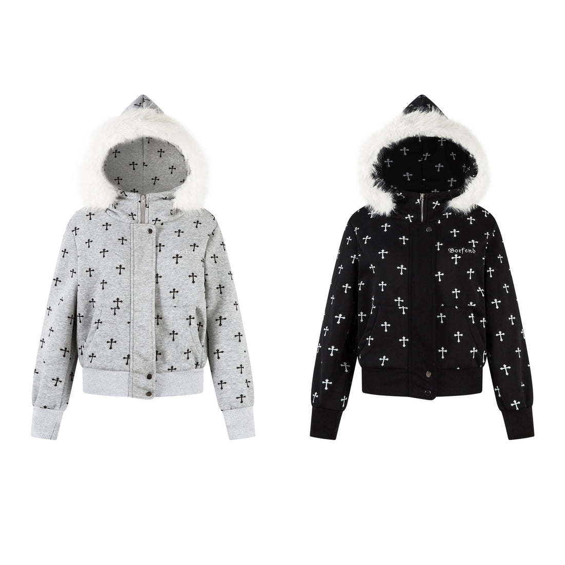 3-6-5.shop Cross Print Faux Fur Hooded Jacket