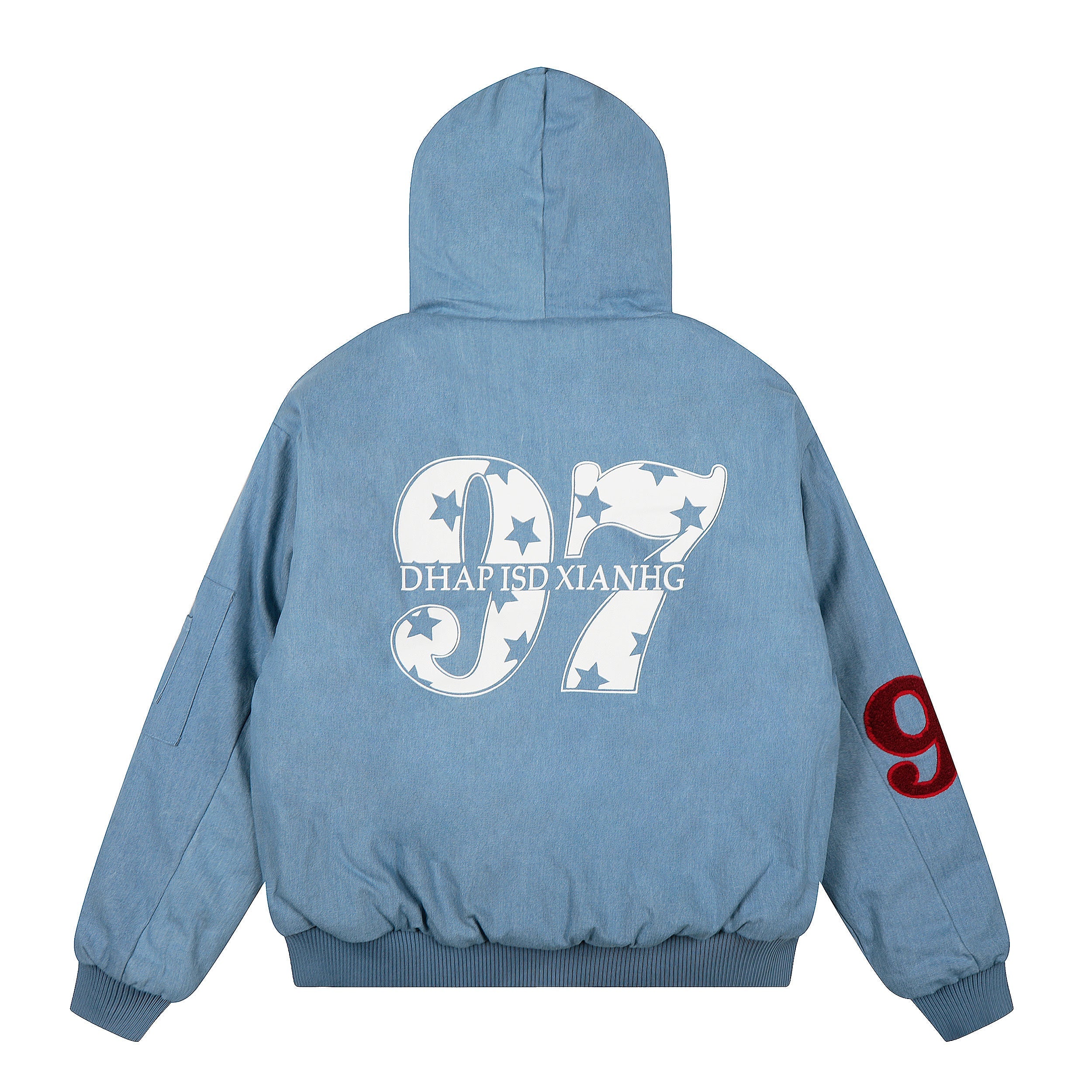 3-6-5.shop “97 Denim Varsity Hooded Jacket”