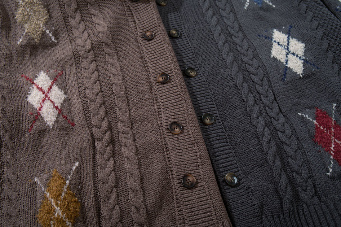 3-6-5.shop Argyle Cable Knit Cardigan