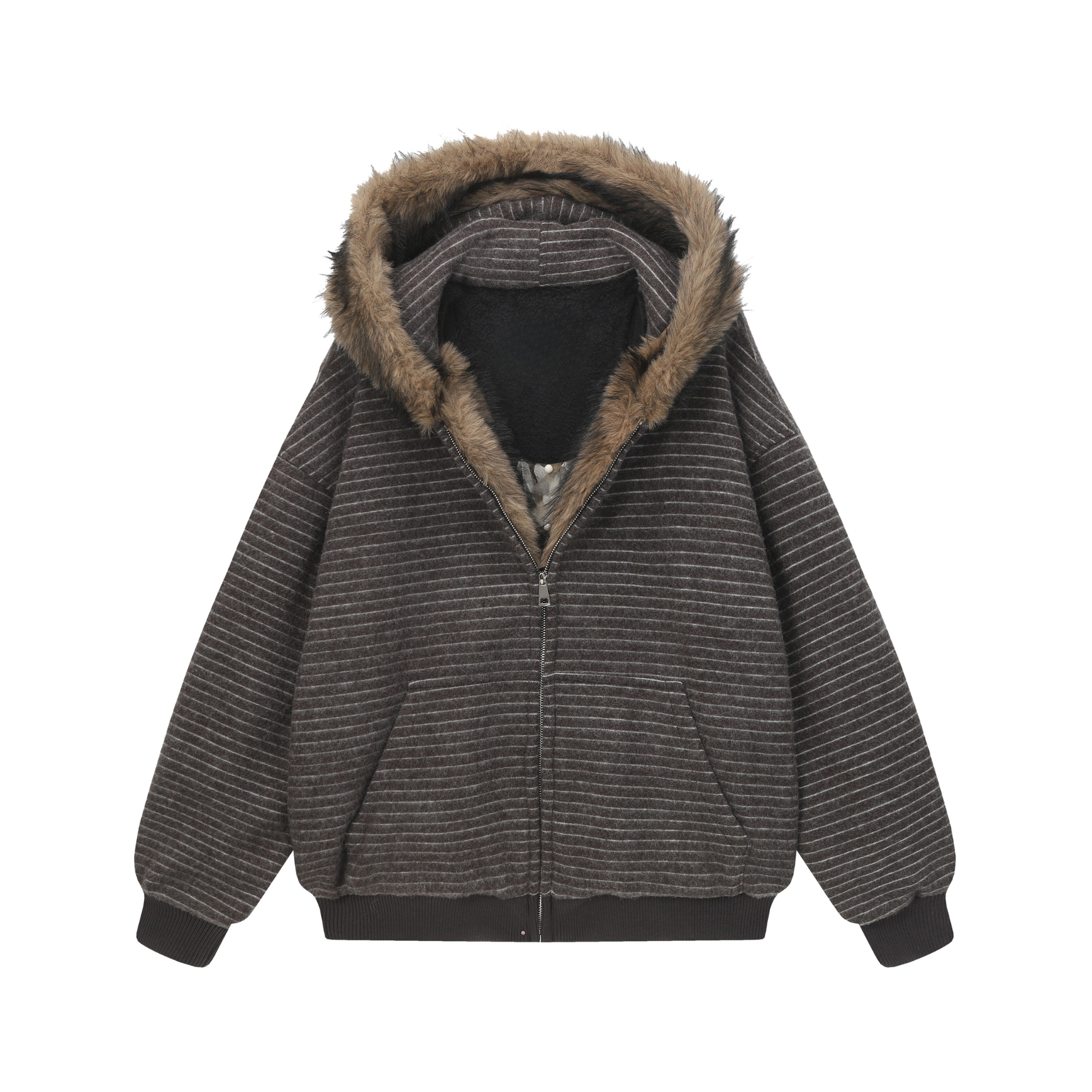 3-6-5.shop Striped Faux Fur-Lined Hooded Jacket