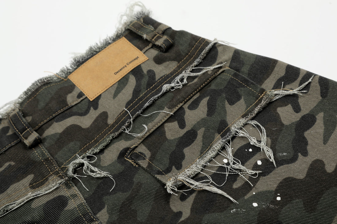 3-6-5.shop Camo Distressed Utility Denim Shorts