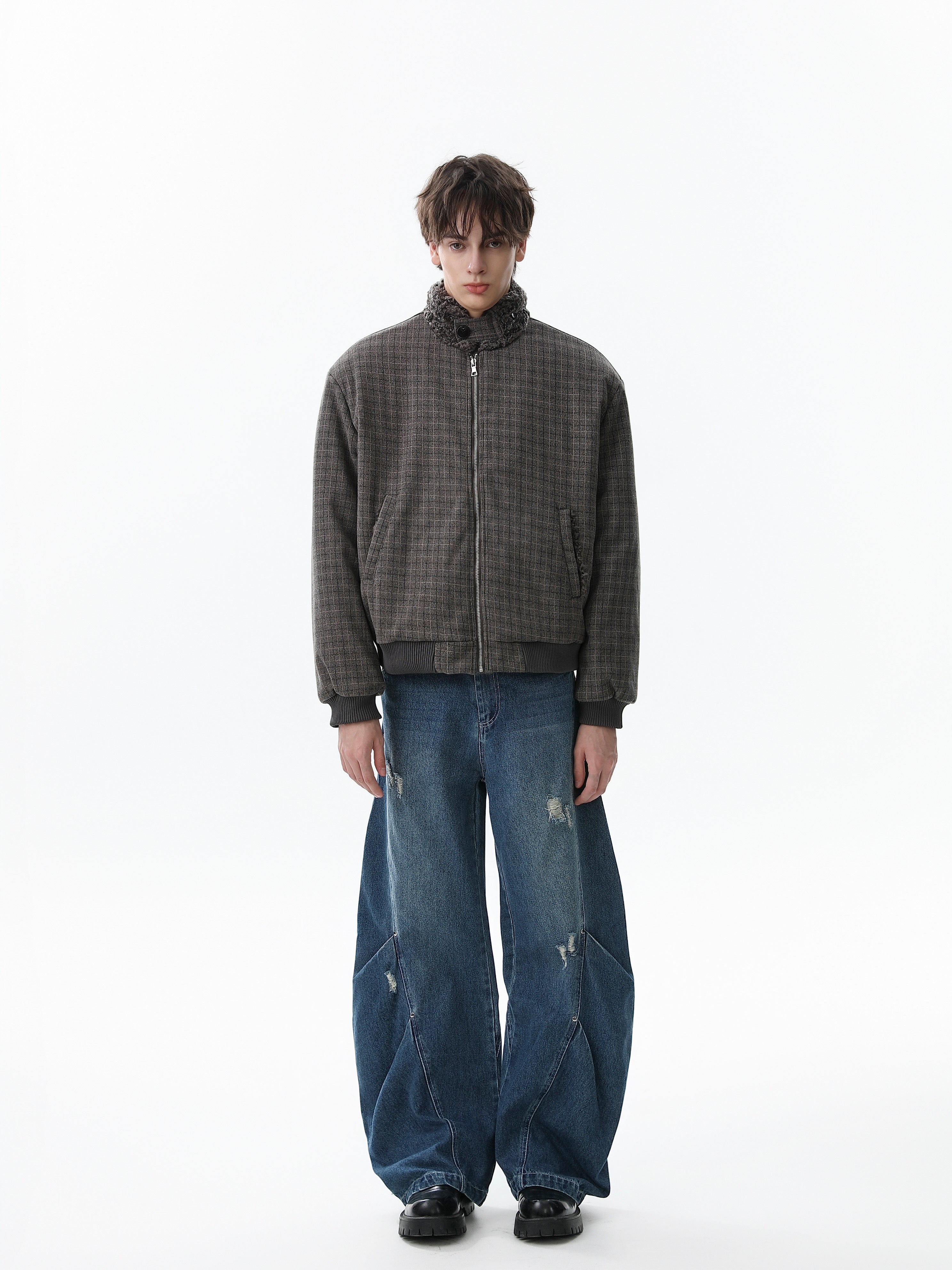 3-6-5.shop Check Pattern Faux Fur Collar Jacket