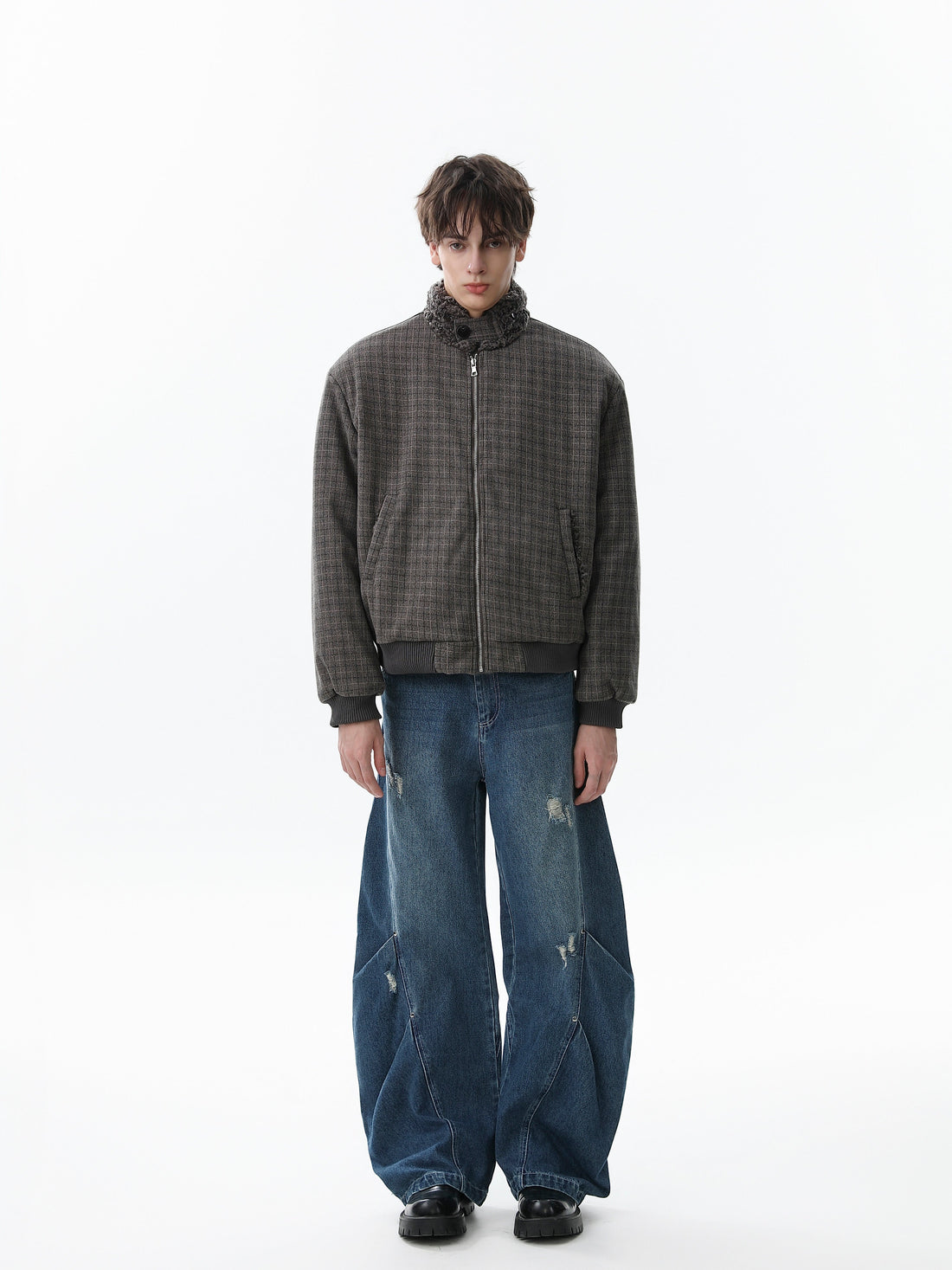 3-6-5.shop Check Pattern Faux Fur Collar Jacket