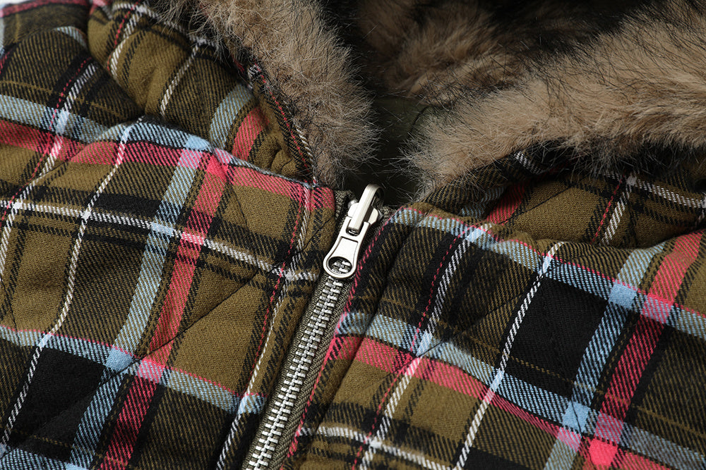 3-6-5.shop Reversible Plaid Fur Hooded Jacket