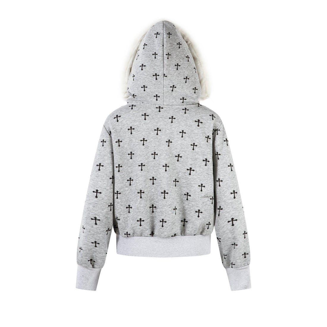 3-6-5.shop Cross Print Faux Fur Hooded Jacket