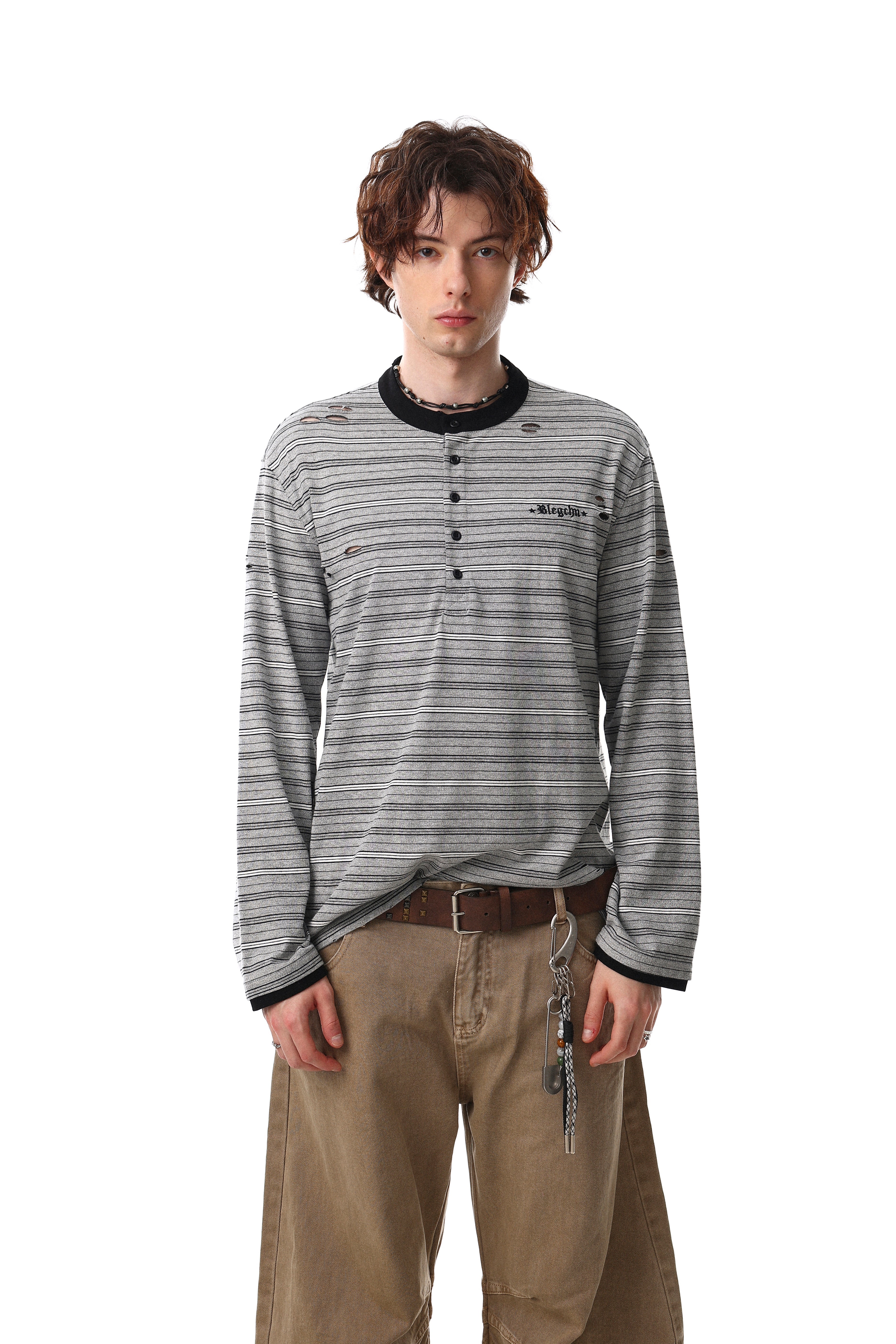 3-6-5.shop Striped Henley Long Sleeve Tee