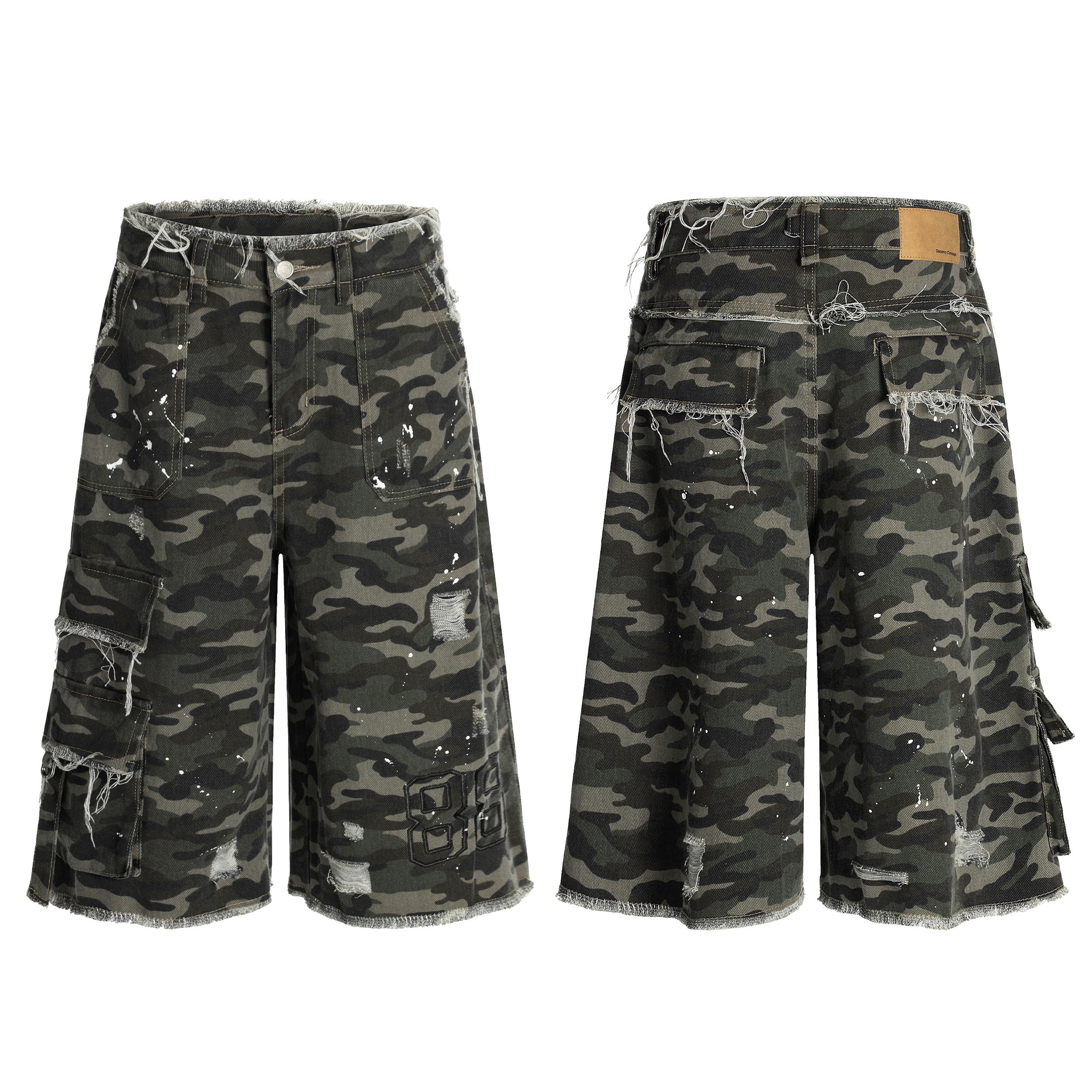 3-6-5.shop Camo Distressed Utility Denim Shorts
